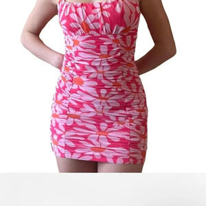 Crystal Doll pink floral rushed mesh mini dress Sz M 006